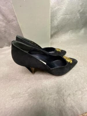 ZAPATOS DE TACÓN BALLY MUJER GAMUZA NEGRA CON FLOR DORADA TALLA 7 M LIGERAMENTE USADOS Foto 1 de 4