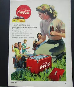 Anuncio impreso vintage 1952 bebida helada Coca-Cola en botellas de vidrio enfriador de picnic - Imagen 1 de 2