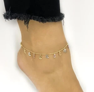 14k Gold ausgefallene Halbmond Monde dreifarbige Fußkette verstellbar 9 - 10 Zoll - Bild 1 von 7