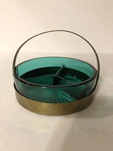 VINTAGE GREEN GLASS TRINKET/CANDY DISH~BRASS HOLDER~3 COMPARTMENTS - Picture 1 of 11