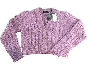 $398 POLO Ralph Lauren Cable Knit Cardigan Lilac Donegal Wool Sweater WMNS Sz M - Picture 1 of 4