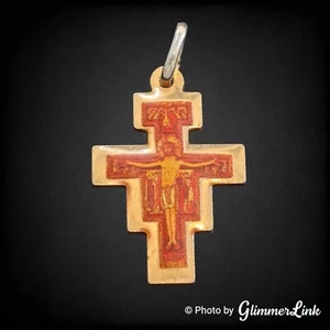 Ciondolo croce vintage San Damiano crocifisso rosso tono oro - Foto 1 di 5