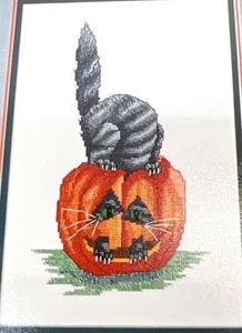Cat-O-Lantern Cross Stitch Pattern Halloween Decor 9"x12" Printed Chart - Picture 1 of 3