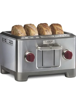 Тостер Wolf Gourmet 4 ломтика нержавеющая сталь WGTR104S с красными ручками - Изображение 1 из 4