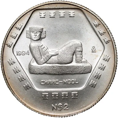 Mexico 2 Nuevos Pesos 1994, Chaac-Mool 1/2 Oz Silver Ag 999 - Image 1 of 2