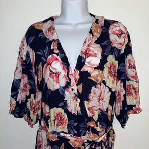 Old Navy Women’s XL True Wrap Midi Dress Navy Blue Floral Ruffle Hawaiian Boho - Picture 1 of 8