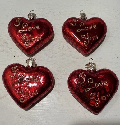 Antiguo Mundo Navidad Te AMO CORAZÓN Adorno Vidrio Soplado OWC Día de San Valentín Foto 1 de 3
