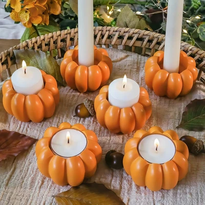 Juego de Candelabro de Calabaza 2 en 1 - Naranja Otoño Cónico, Tealight y Vela Votiva H Foto 1 de 4
