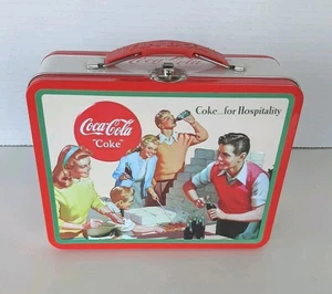 Coca-Cola Lunch Box Metal Tin Box 7.5” X 6” X 2.75" "Coke....for Hospitality" - Picture 1 of 11
