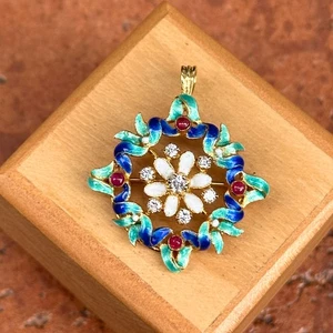 Estate 14K Yellow Gold Round Diamond and Cabochon Ruby Enamel Pin + Swivel Bail - Picture 1 of 8