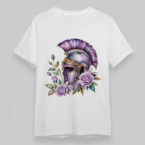 Women's Soft All-Season Classic T-Shirt Medieval Helmet with Purple Roses Tee - Picture 1 of 6