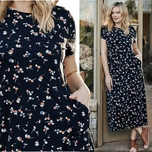 J. Jill Damen Kleid Gr. S Midi Kurzarm Blumen Navy Stretch Strick Jersey Neu mit Etikett - Bild 1 von 6