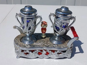 Vintage Estate Dezine Music Box Salt & Pepper Shakers Cobalt Blue Silver Color - Picture 1 of 8
