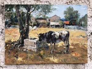 Quadro -Paesaggio Con Mucca- dipinto a olio su tela - Imagen 1 de 11