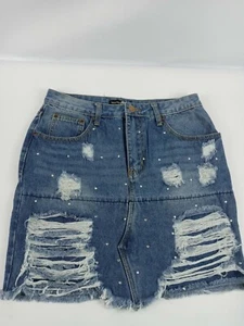Boohoo Blue Jean Skirt Women Size 8 Distressed Blue Denim Mini with rhinestones - Picture 1 of 8