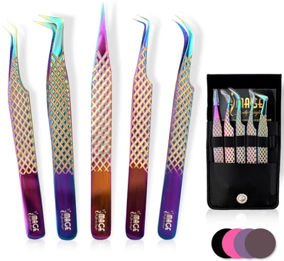 5 Pcs Japanese Steel Lash Tweezers Set with Leather Case 45 & 90* titanium tips - Image 1 of 4