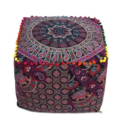Indio Rajasthani Ghoomar Mandala Puf Cubierta Meditación Cuadrada Otomana Cubierta Nuevo Foto 1 de 4