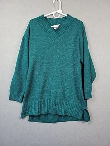 Diane Von Furstenberg Color Authority Green Metallic LS V Neck Sweater Women Lrg - Picture 1 of 12