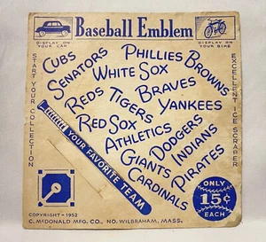 McDonald Baujahr 1952 Co. Baseball Emblem Karte 15 Cent (nur die Karte) - Bild 1 von 8