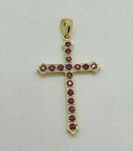 1.80Ct Created Red Ruby Christmas Cross Pendant Men Women 14K Yellow Gold Finish - Picture 1 of 5