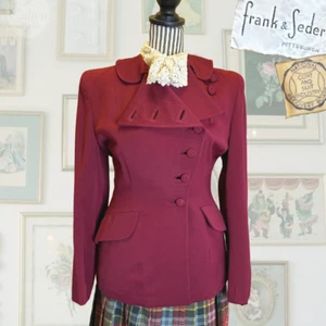 Vintage 40s Cranberry Gabardine Art Deco Old Hollywood Blazer Suit Jacket Size S - Picture 1 of 16