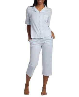 Nwt $80 MISS ELAINE Blue Pinstriped 2 Pc Top & Capri Pants Pajama Set POCKETS XL - Image 1 of 2