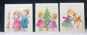 4 Vintage Weihnachtskarten der Marke kleine Engel religiöse Schrift Grüße Rentier - Bild 1 von 14