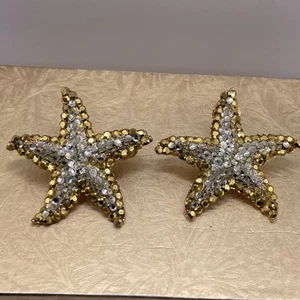 VTG Signed Tara Gold Silver Sparkling Bling Starfish Star Chunky Clip On Earring - Picture 1 of 10