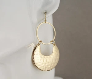 Gold hammered circle earrings dangle disc round lightweight 2 3/8" long - Picture 1 of 10