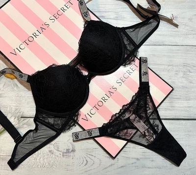 Victoria's Secret VS Shine Strap Push-Up Sujetador Tanga Conjunto Encaje Negro Foto 1 de 4