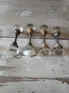 Lot of 4 Antique Crystal Glass Door Knobs 12 Points Mercury Starburst w/Spindle - Picture 1 of 4
