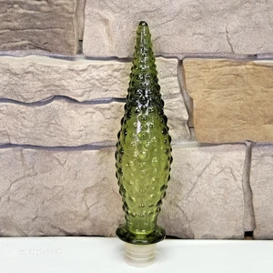 7.5" Glass Stopper Empoli Olive Green Hobnail MCM Genie Bottle Decanter Vintage - Picture 1 of 10