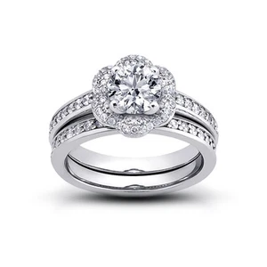 0.98ct D/VS2 Round Natural Certified Diamonds 14k Halo Ring with Wedding Band - Picture 1 of 4