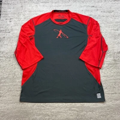 Nike Pro Combat Shirt 2XL XXL Gray Red Center Swoosh 3/4 Sleeve Drifit Preppy - Image 1 of 4