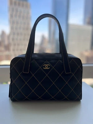 Chanel Surpique Bowler Bag Black Quilted Leather Contrast Stitching - Image 1 of 4