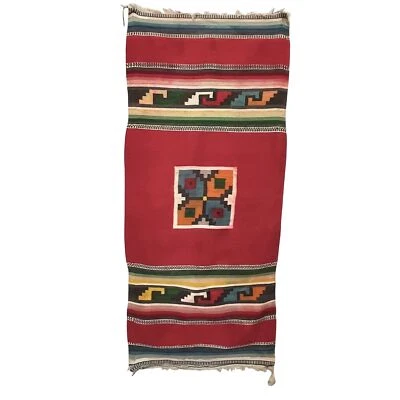 Alfombra manta tejida a mano de lana suroeste mexicano navajo vintage 24 x 55 + flecos Foto 1 de 4