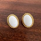 Vintage Kenneth Jay Lane Earrings White Signed Gold Tone Oval Clip On