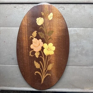 Placa colgante de pared ovalada arte madera floral con incrustaciones de marquetería vintage - Imagen 1 de 6