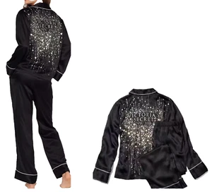 VICTORIA'S SECRET VS Fashion Show 2018 LARGE Black Satin Foil Glitter Pajamas PJ - Picture 1 of 7
