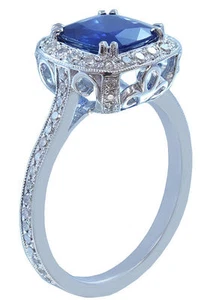 CUSHION CUT SIMULATED SAPPHIRE AND NATURAL DIAMONDS RING 14K WHITE GOLD 3.00CTW - Picture 1 of 7