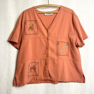 VTG Jane Ashley Button Up Novelty Animal Zoo Shirt Orange S Giraffe Monkey Lion - Picture 1 of 8