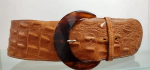 Vintage Wide Cinch Belt Brown Leather Croc Emboss Amber Plastic Big Buckle Med L - Picture 1 of 18