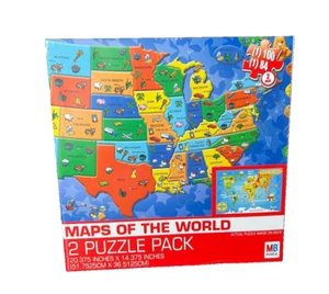 MB 2 Puzzle Pack - Map of the United States & Map of the World - Picture 1 of 5