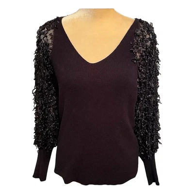 Siani Milano Black  Knit Top Sz M Scoop Neck  Embellished Net Sleeves Knit Cuffs - Image 1 of 4