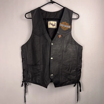 Harley Davidson Embroidered Genuine Leather V-Neck Snap Button Vest Black Size M - Image 1 of 4