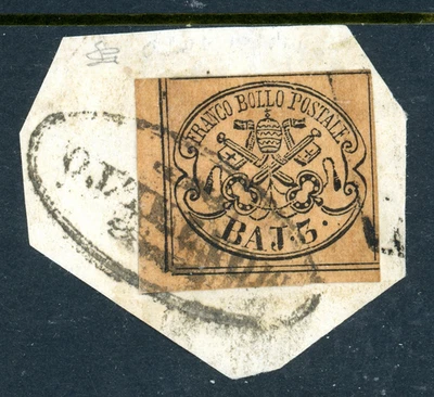 Italy 1852 Romans States 3 Baj Black on Brown Scott #4 VFU O186 - Image 1 of 4