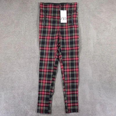 ZARA Red Plaid Skinny Pants Women Size M Tartan Stretch Zip Pocket Punk Style - Image 1 of 4
