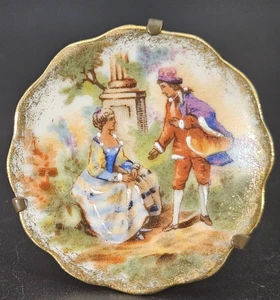 Vintage Limoges Frankreich Mini handbemalte Porzellan Plakette Messingrahmen 1,75" - Bild 1 von 10