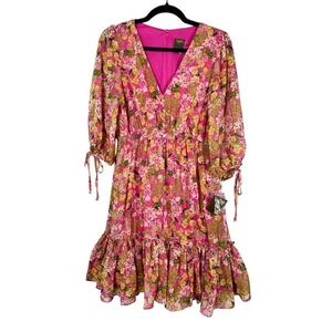NUEVO CON ETIQUETAS, Taylor, Talla 8, Vestido Floral Rosa Boho, V Profundo, Mangas Transparentes, Volantes - Imagen 1 de 8