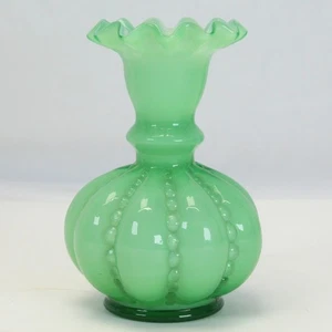 Vtg Fenton Green 1940 Overlay Beaded Melon Small Vase 4-1/2" Tall Ruffle Edge - Picture 1 of 8